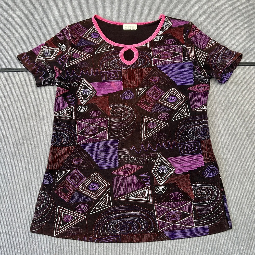 Geometric Abstract Print Short Sleeve Top Brown Purple Keyhole Neck Shirt Cite